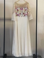 Elegant off-white pleated gown with luxury beaded floral embroidery and sequins - L / Champagne