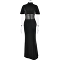 Elegantes schwarzes Maxikleid mit Mesh-Einsatz in der Taille und Stehkragen für Damen - S / Schwarz