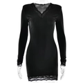 Elegant slim fit black long sleeve dress with deep V-neck and delicate lace stitching - S / Black