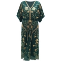 Elegant dark green V-neck long dress with gold floral embroidery and sequins - One Size / Green