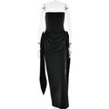 Elegante abito lungo a corsetto nero senza spalline con drappeggio e fibbie d'oro - S / Nero