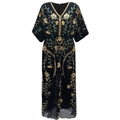 Elegant V-neck evening gown with gold and blue floral sequins on black mesh fabric - One Size / Black