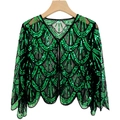 Chal vintage de malla de los años 20 con lentejuelas verde esmeralda y borde ondulado - Talla única / Verde Oscuro