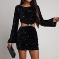 Minidress chic con paillettes nere, ritaglio laterale e fibbia dorata per feste - S / Nero