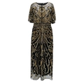 Elegante vestido de noche Art Deco con lentejuelas doradas y plateadas sobre malla negra - Negro y Oro