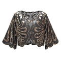 Vintage zwart mesh bolero jasje met gouden lovertjes in golfpatronen en wijde mouwen - Eén maat / Zwart & Goud