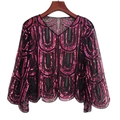 Short black mesh shrug with hot pink sequins in U-pattern and scalloped hemline - U-Pattern Black Rose Red