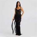 Elegant black lace halter maxi dress with ruffled layers and a backless fishtail silhouette - S / Black