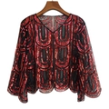 Women's 1920s vintage black mesh shrug with shiny red sequins in wavy geometric pattern - U-Pattern Black Red