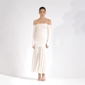 Detail view of the ruched cream mesh off-shoulder dress with elegant pleated texture - S / Apricot
