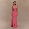 Dettaglio dell'abito lungo fucsia in seta con pizzo raffinato sulla zona della vita - S / Rosa