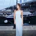 Elegant light blue one-shoulder maxi dress with side ruching and open back design - L / Gray