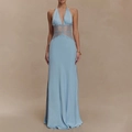 Robe longue bleu clair à licou avec décolleté en V profond et détails en dentelle - S / Bleu
