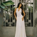 Elegant ivory halter neck corset maxi dress with pleated waist for formal summer events - S / Off White