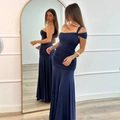 Abito lungo attillato blu scuro monospalla con arricciature e spacco da sera - L / Blu navy