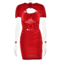 Elegante abito a tubino in mesh rosso con fiori 3D e dettagli arricciati con scialle - M / Rosso