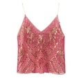 Pink Art Deco crop top with gold sequins and beads, V-neck strap vest for women - One Size / Rose Red