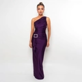 Elegant plum purple one-shoulder satin maxi dress with ruched waist and crystal buckle - S / Purple