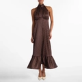 Elegantes braunes Polka-Dot-Halter-Maxikleid mit Satin-Finish und Volant-Saum - S / Kaffeebraun