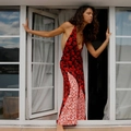 Abito lungo sexy schiena scoperta con scollo a V profondo e motivo floreale patchwork rosso - S / Rosso