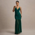 Vestido de noche elegante verde oscuro con escote en V, pliegues y dobladillo de gasa - S / Verde