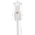 Mouwenloze witte halter mini-jurk met gouden bloemgesp en geplooid ontwerp - M / Wit