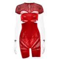 Detail view of red bodysuit featuring fishnet mesh, flame pattern, and waist cut-outs - Burgundy