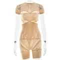 Detail of nude bodysuit featuring mesh panels, hollow design, and firm tummy control texture - Khaki