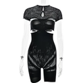 Sexueller schwarzer Jumpsuit mit Lochmuster, Mesh-Details und hoher Elastizität - Schwarz