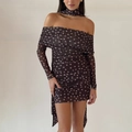 Elegant polka dot off-shoulder ruched mini dress with matching scarf for women - S / Dark Brown Polka Dot