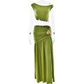 Olive green two-piece maxi skirt set with sleeveless crop top and ruched metal detail - M / Green