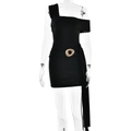 Robe courte noire asymétrique avec détails plissés et ruban décoratif latéral - S / Noir