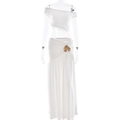 White two-piece summer set featuring ruched off-shoulder top and maxi skirt with gold flower - S / White