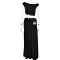 Black two-piece set with off-shoulder crop top and high-waisted ruched skirt with gold flower - S / Black