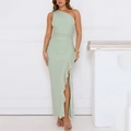 Detail of elegant sage green one shoulder dress featuring ruched waist and side slit design - Light Green
