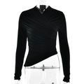 Top aderente nero con scollo a V incrociato, maniche lunghe con arricciature e orlo asimmetrico - S / Nero