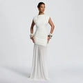 Robe longue blanche sans manches moulante avec détails drapés et empiècement tulle - Blanc