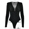 Slim fit black long sleeve bodysuit featuring a deep V-neck and ruched chest detail - S / Black