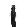 Vestido largo negro tipo halter sin mangas con botones frontales y detalle de cintura fruncida - L / Negro