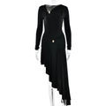 Schwarzes Langarm-V-Ausschnitt-Kleid mit goldener Schnalle und asymmetrischem Saum - S / Schwarz
