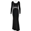 Sexy schwarzes Maxikleid mit U-Ausschnitt, langen Ärmeln und Mesh-Patchwork-Ausschnitt - S / Schwarz