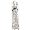 Detail view of the black lace waist patchwork on a white polka dot V-neck halter maxi dress - S / White Polka Dot
