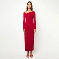 Detail of red slim fit dress with asymmetric neckline and side button decorations - S / Red