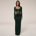 Elegantes dunkelgrünes Maxikleid mit U-Ausschnitt und Mesh-Taillendetail in schmaler Passform - S / Grün