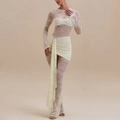 Detail of elegant cream lace jumpsuit with long sleeves and hollow-out floral lace texture - S / Yellow