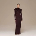 Elegant cowl neck long sleeve maxi dress in chocolate brown with a slim fit and side slit - M / Coffee
