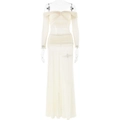 Elegant off-shoulder mesh long sleeve top and matching floor-length maxi skirt set in beige - S / Top And Bottom / Off White