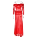 Two-piece red mesh set with off-shoulder long sleeve top and high waist maxi skirt - S / Red
