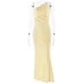 Elegantes hellgelbes One-Shoulder-Satin-Maxikleid mit Faltenoberteil und Meerjungfrau-Schnitt - L / Hellgelb
