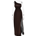 Sexy dunkelbraunes One-Shoulder-Maxikleid mit geraffter Taille und hohem Seitenschlitz - S / Braun